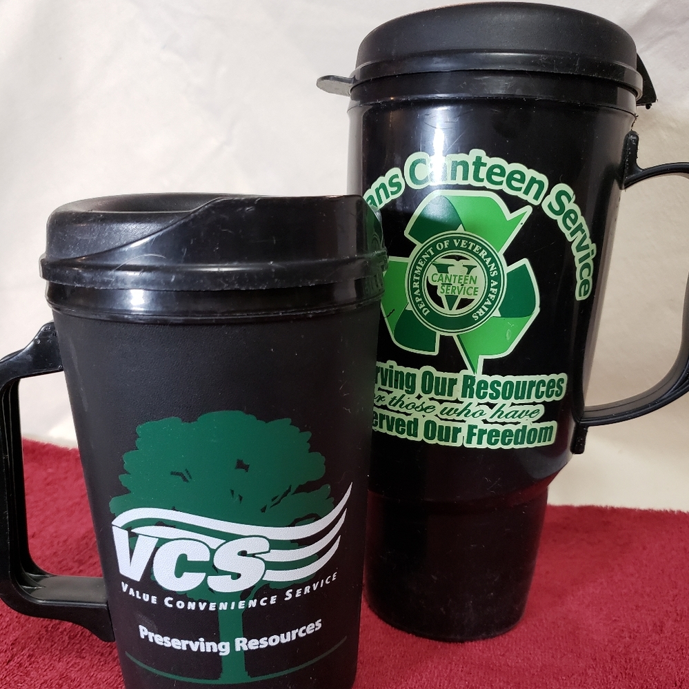 2 travel mugs from the VA canteen. One is 34 ounces, one is 16 ounces.